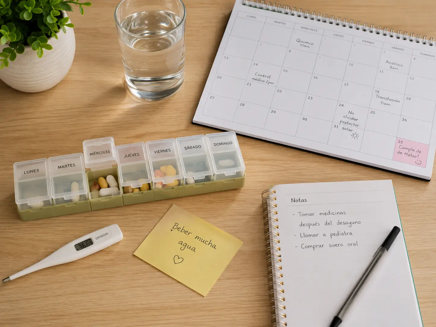 Detalle anónimo del día a día del tratamiento: calendario y pastillero